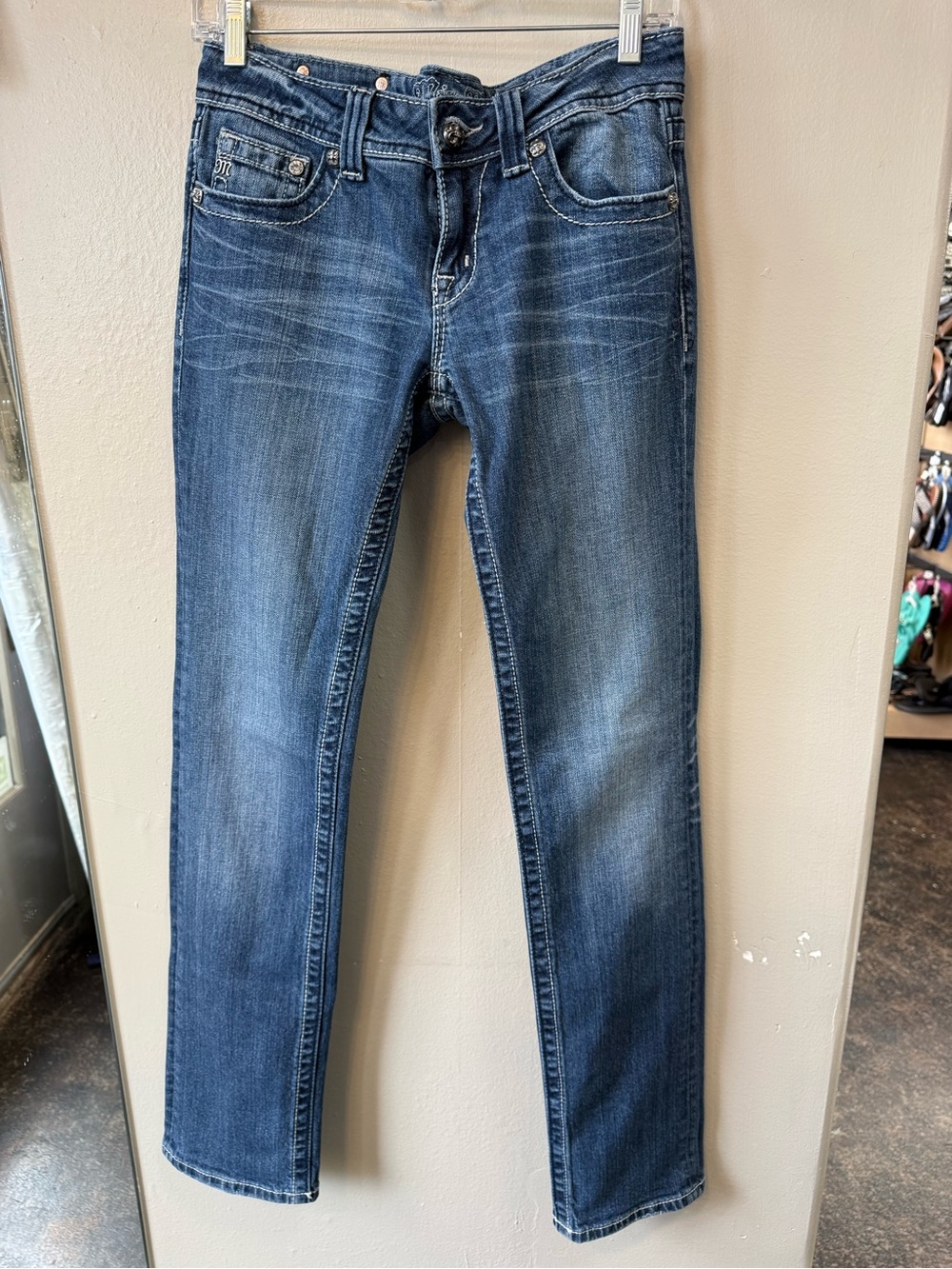 Miss Me Jeans Size 28 Straight Leg Embellished Rhinestone Embroidered Denim